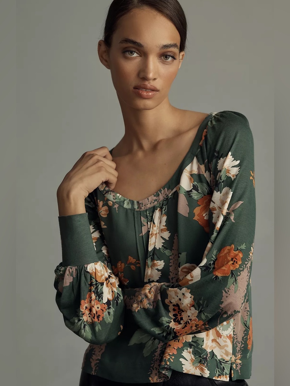 ANTHROPOLOGIE Tiny Scoop-Neck Blouse M 20” p2p Forest Green EUC